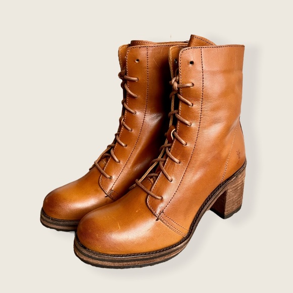 Frye Karen Cognac Leather Combat Lace Up Combat Wood Block Heel Ankle Boots - Picture 13 of 16